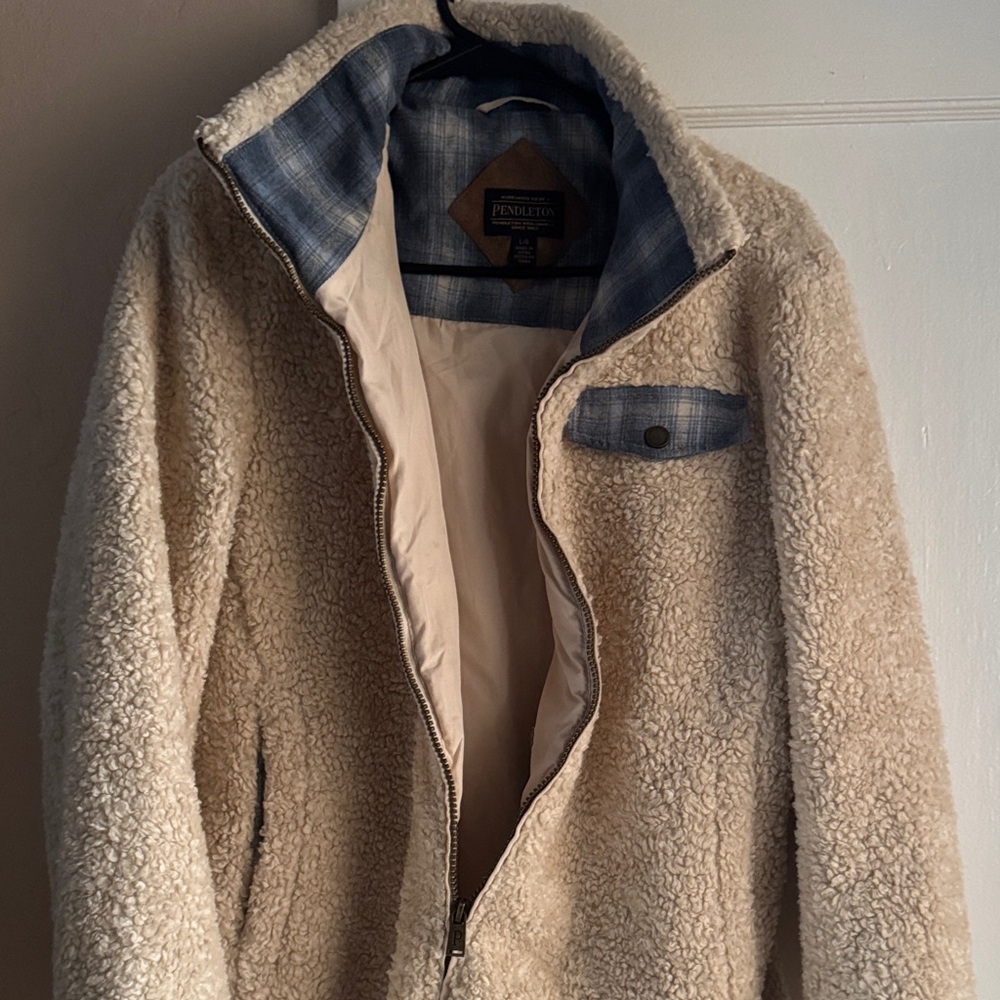 Pendleton Cream Sherpa Jacket with Blue Plaid Accents
